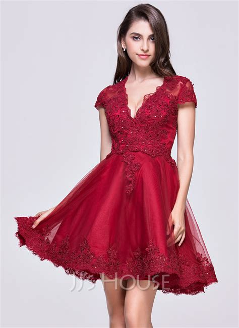 A Line Princess V Neck Short Mini Tulle Homecoming Dress With Appliques