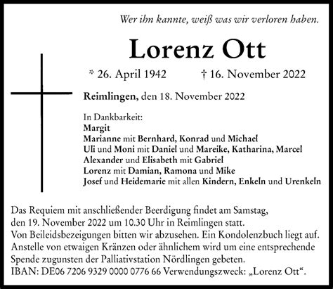 Traueranzeigen Von Lorenz Ott Augsburger Allgemeine Zeitung