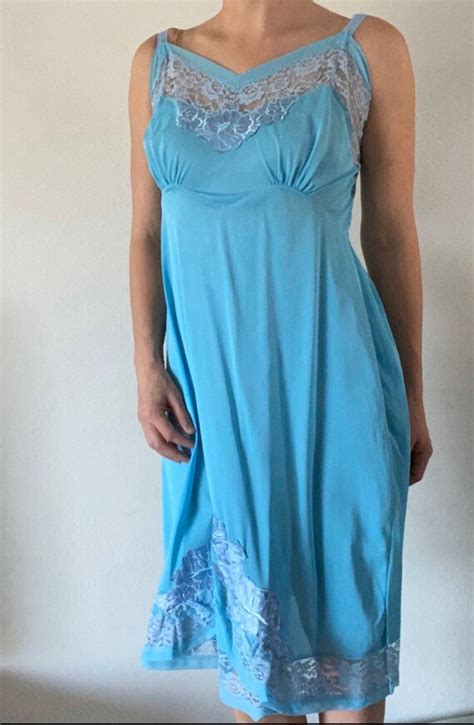 Vintage Slip Nightie Sky Blue Negligee Lace Dress Cut Gem