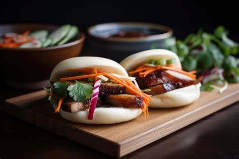 Premium Ai Image Bao Bun With Slowroasted Pork Belly Pickled Vegetables And Sriracha