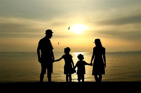 Silueta De Familia Feliz Al Atardecer Junto Al Mar Foto Premium