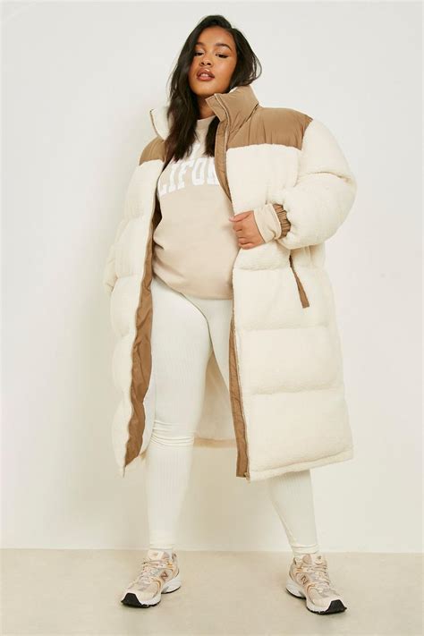 Plus Longline Teddy Faux Fur Panelled Puffer Jacket Boohoo