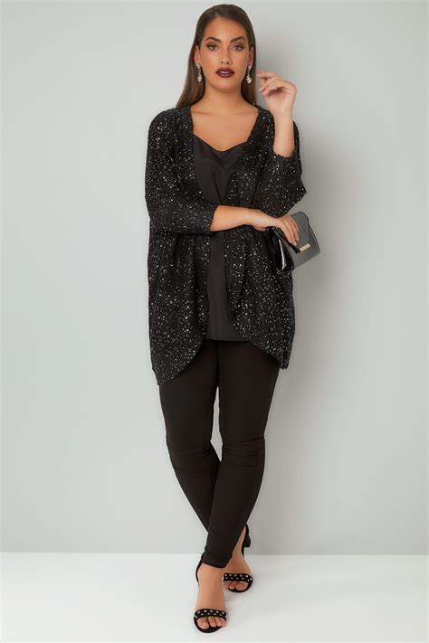 Black Sequin Embellished Knitted Batwing Cardigan Plus Size 16 To 36