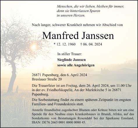 Traueranzeigen Von Manfred Janssen Noz Trauerportal