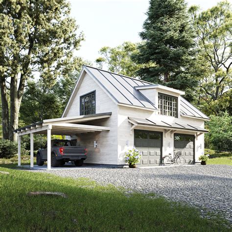 Traditional 2-car Detached Garage Plan With Attic and Carport, 32'x24