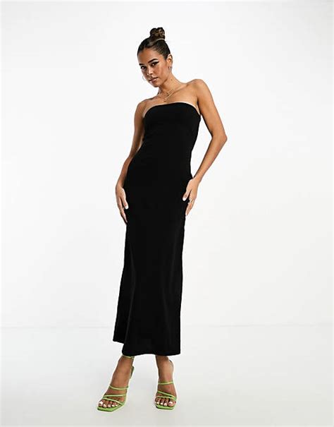 Asos Design Bandeau Maxi Dress With Split Hem In Black Asos