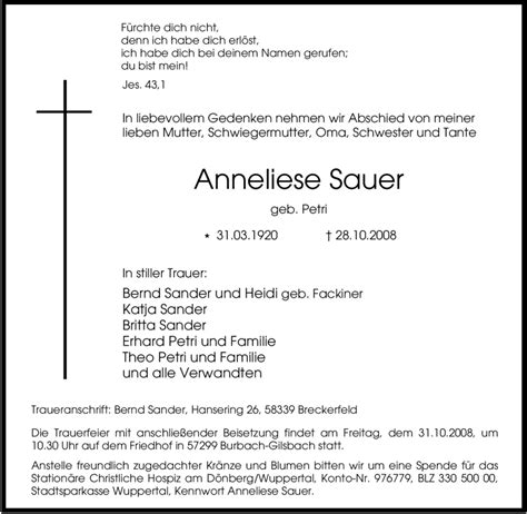 Traueranzeigen Von Anneliese Sauer Trauer In Nrw De