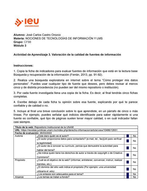 Actividad de Aprendizaje 3 Valoración de la calidad de fuentes de