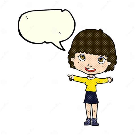 Cartoon Happy Woman Pointing With Speech Bubble Stock Illustration