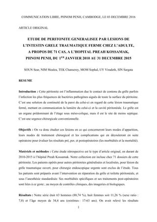 ETUDE DE PERITONITE GENERALISEE PAR LESIONS DE LINTESTIN GRELE