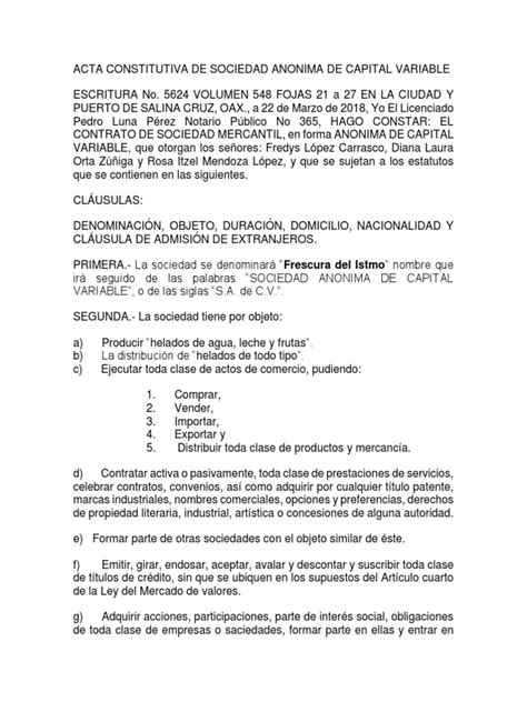 Acta Constitutiva De Sociedad Anonima De Capital Variable Sociedad De Responsabilidad Limitada