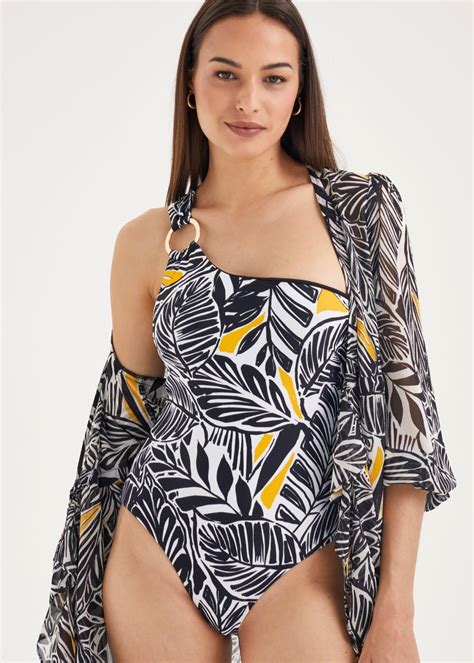 Et Vous Black Leaf Print One Shoulder Swim Costume Matalan