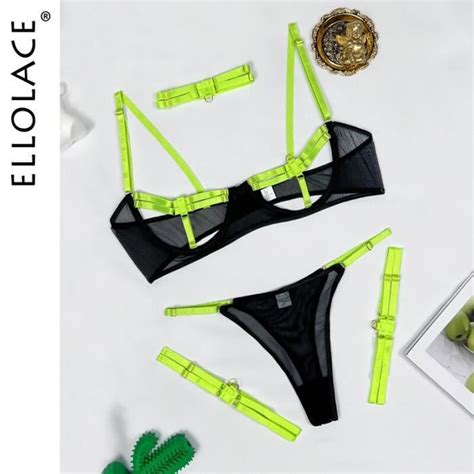 Lingerie Sexy ajourée pièces Costumes exotiques transparent ensemble pour femme vert néon