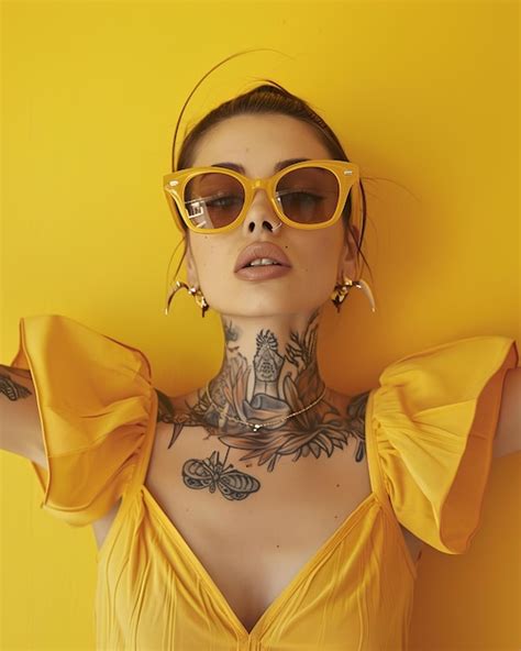 Premium Photo Girl In Yellow Dress With Tattooed Neck And Sunglasses