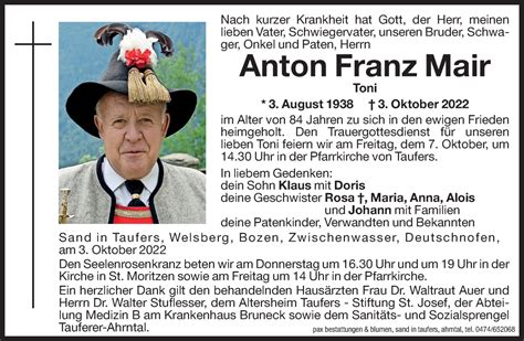 Traueranzeigen Von Anton Franz Mair Trauer Bz