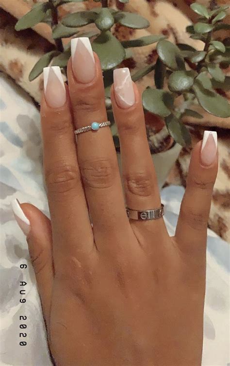 Nude Coffin Shaped Nails With White Tip Design White Tip Nails Classy Acrylic Nails Acrylic