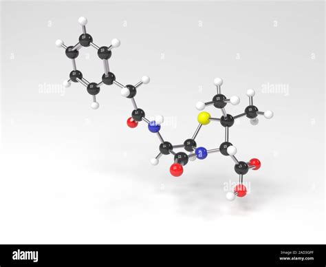 Penicillin G (benzylpenicillin) molecule. Computer artwork showing the molecular structure of ...