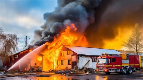 Premium Photo A Fire Truck Spraying Water On A Building