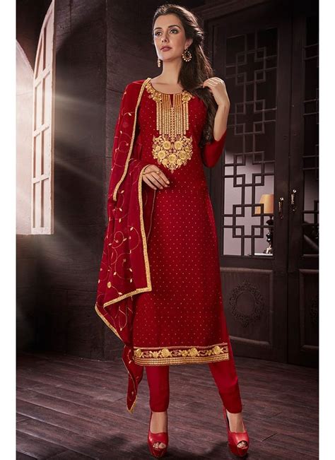 Red Embroidered Georgette Churidar Suit Churidar Suits Party Wear