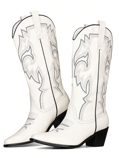 Aswmxr Women‘s Western Style Cowgirl Embroidered Mid Calf Boots Pointy Toe Chunky Heel Slip On