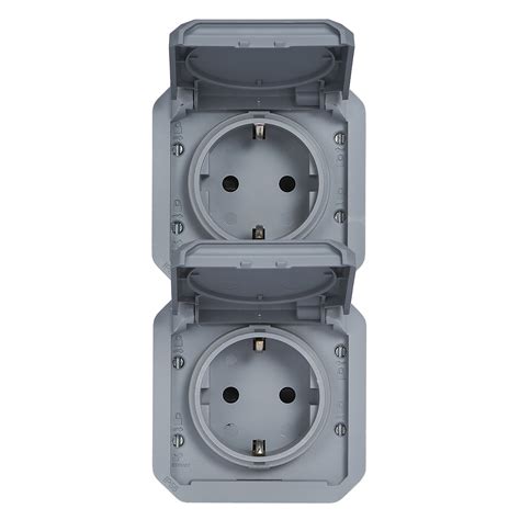 Plexo 2 Gang Prewired Vertical German Standard Socket Outlet Grey