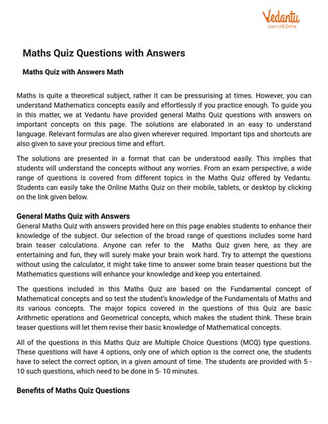 Maths Quiz Questions With Answers For Class 6 2