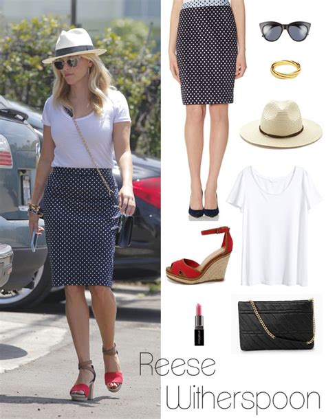 Polka Dot Chic Reese Witherspoons Pencil Skirt And White T Shirt Look