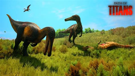 Path of Titans Dupla Suchomimus em Açâo Batalha Giganotossauro