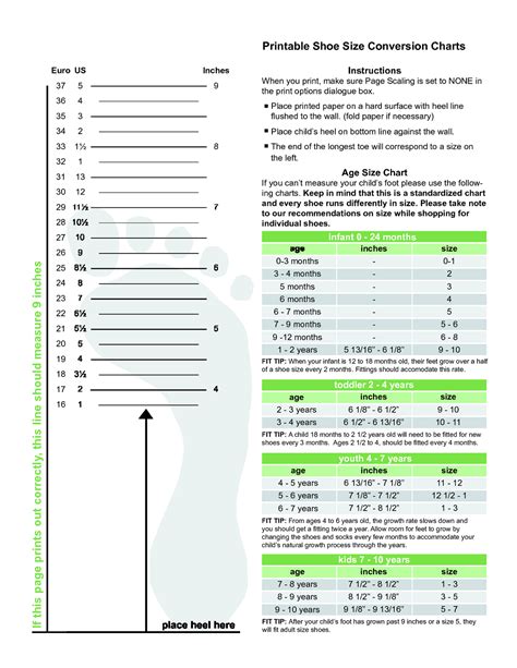 Printable Shoe Size Chart | Activity Shelter