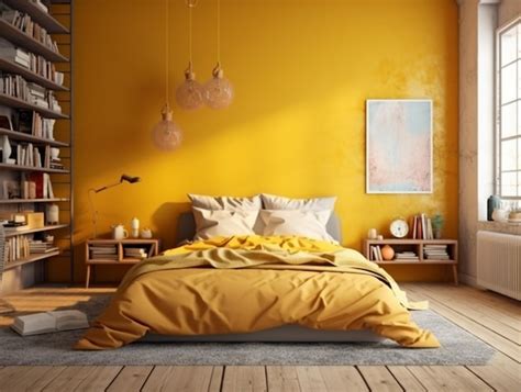 Premium Photo | A yellow bedroom with a yellow wall that has a yellow ...