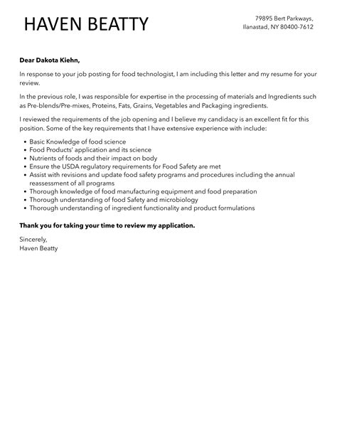 Food Technologist Cover Letter Velvet Jobs