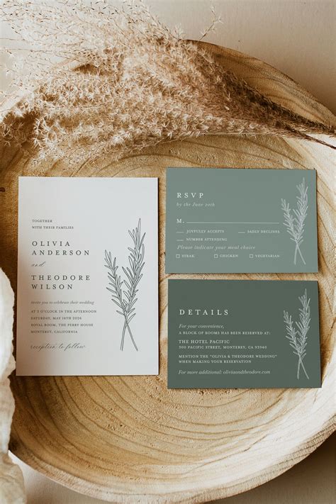 Sage Green Minimalist Wedding Invitation Template Set Botanical Boho