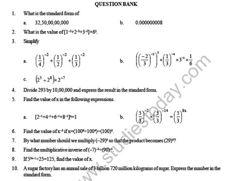 Cbse Class Maths Exponents And Powers Question Bank