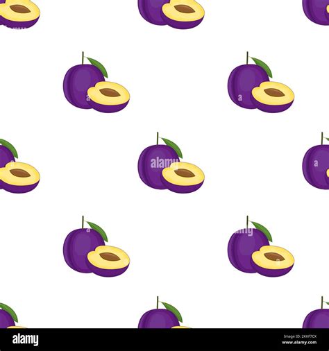 Seamless Pattern With Plum Whole Fruit And Cut Half Vector