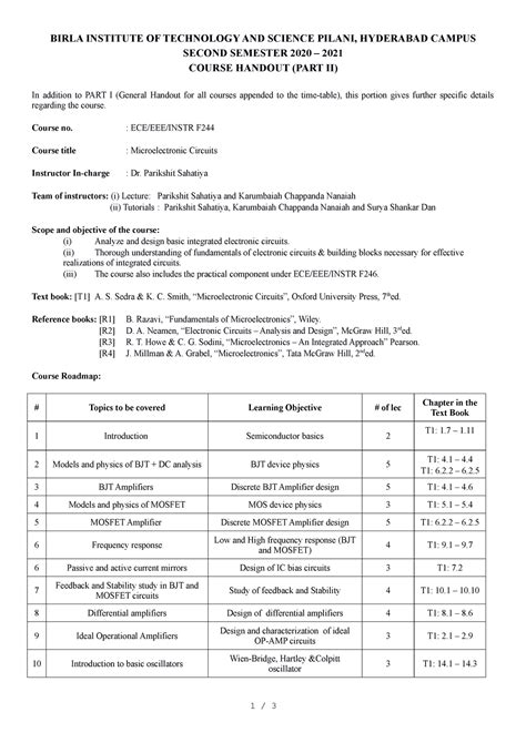 Eee Ece Instr F Microelectronic Circuits Birla Institute Of