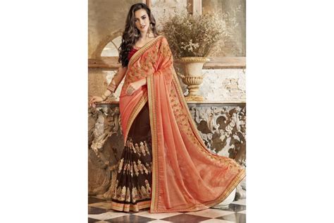 Brown Georgette Chiffon Embroidered Festive Saree 88002