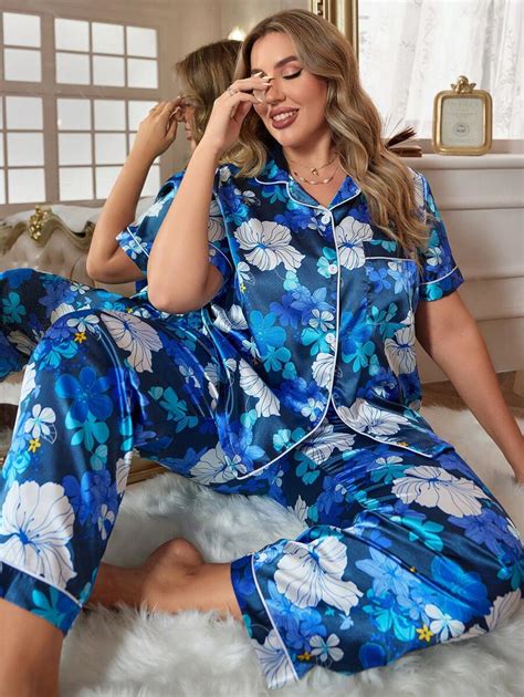 Shein LuxeNights Plus Floral Print Contrast Piping Satin PJ Set