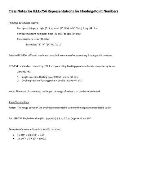 Class Notes On IEEE 754 Representations For Floating Point Numbers