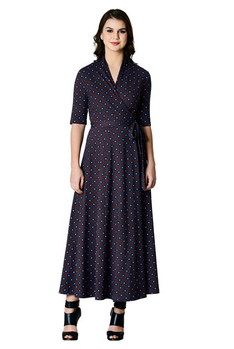 Shop Geo Print Cotton Knit Wrap Midi Dress Eshakti