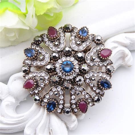 Vintage Turkish Rhinestone Flower Brooch For Women Antique Gold Color