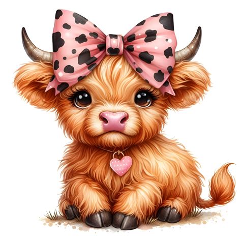 Highland Cow Watercolor Clipart Cute Leopard Bow Baby Cow PNG and JPG Scottish Cow Graphic ...