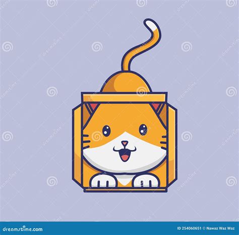 Cute Cat Stuck In Cardboard Cartoon Animal Nature Concept Isolated