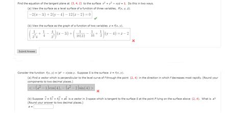 Solved Find The Equation Of The Tangent Plane At 342 To