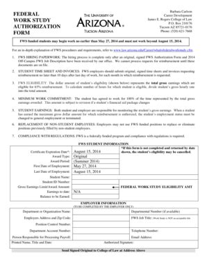 Fillable Online Law Arizona FEDERAL WORK STUDY AUTHORIZATION FORM