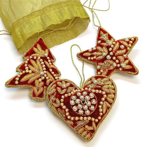 Set Of 3 Hand Embroidered Heart Star And Tree Ornaments In Gold Pouch Sudha Benefit Sale