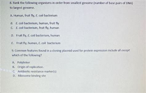 Solved 8. Rank the following organisms in order from | Chegg.com 