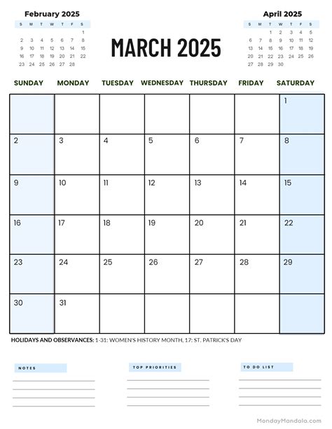 March calendar 2025 printable free portrait