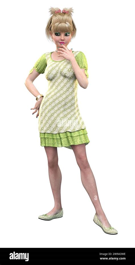 Cute Cartoon Blonde Girl In Green Summer Dress 3D Illustration Stock