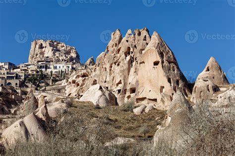 View Of Uchisar Castle In Cappadocia Turkey And Several Old Troglodyte