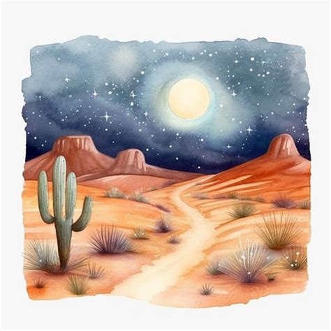 Premium Ai Image Painting Of Desert Scene With Cactus And Moon In Sky